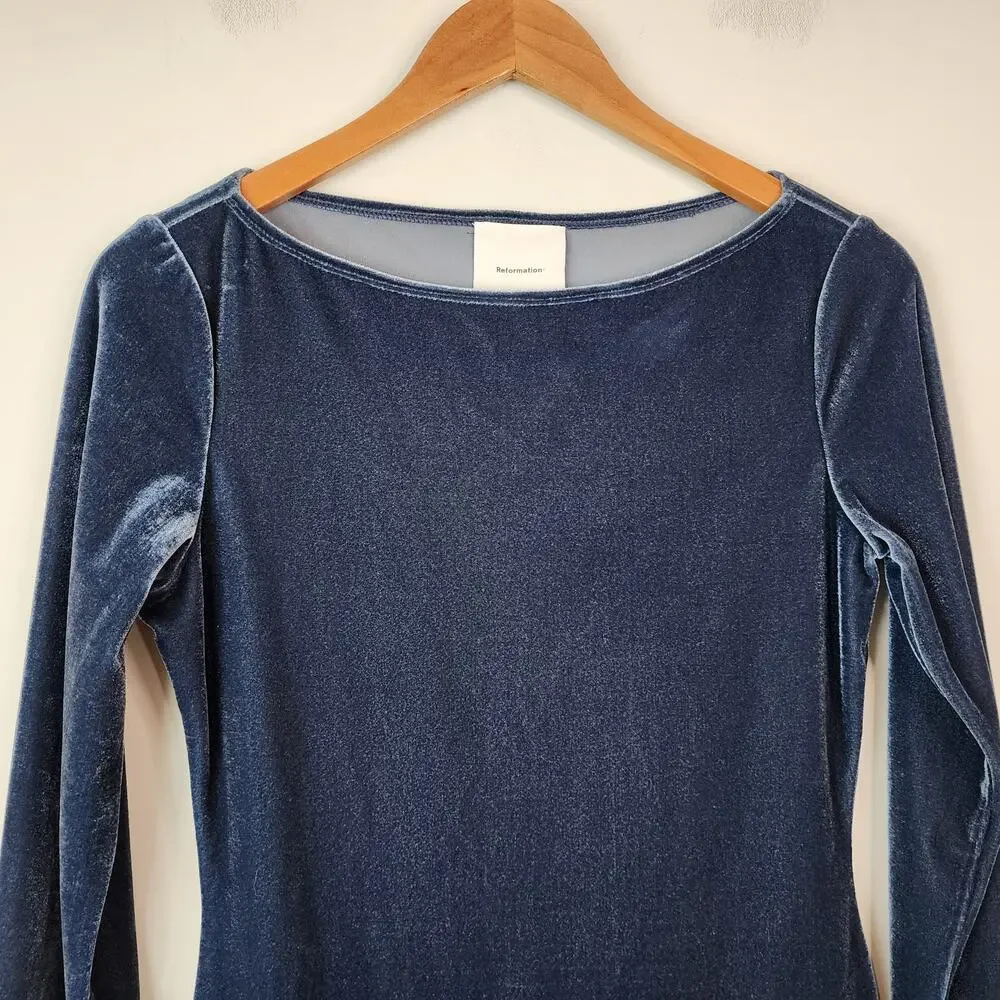 Reformation Jaelynn Mini Dress Blue Velvet Long Sleeve SMALL Boat Neck - Picture 3 of 7